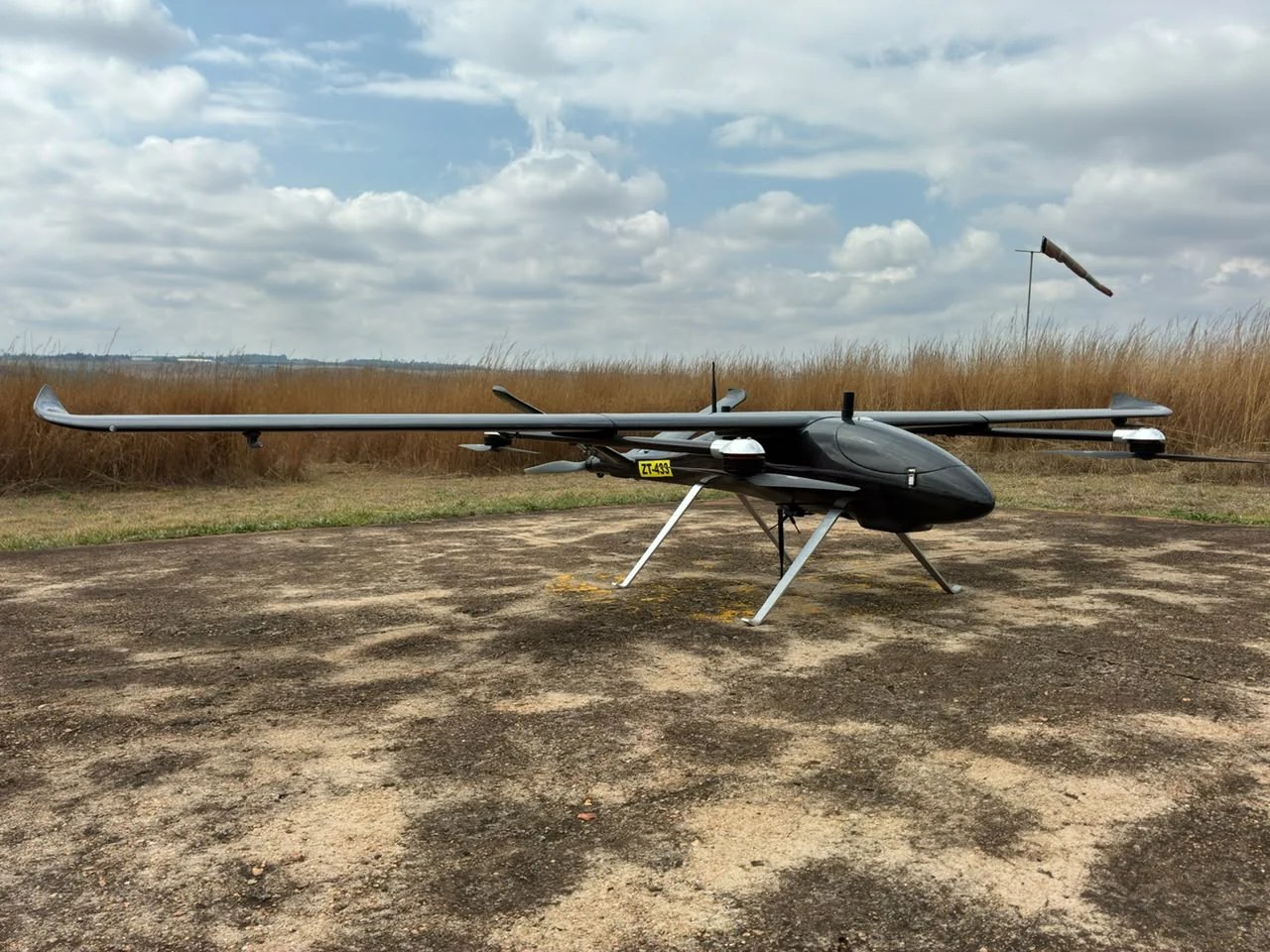 Sky Robots VTOL aircraft in a three-quarter field view