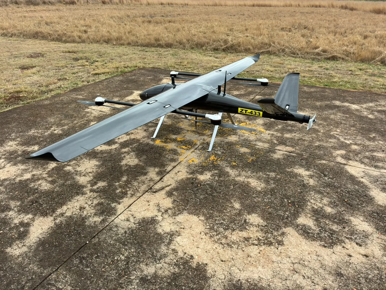 Rear three-quarter photograph of the Sky Robots VTOL airframe