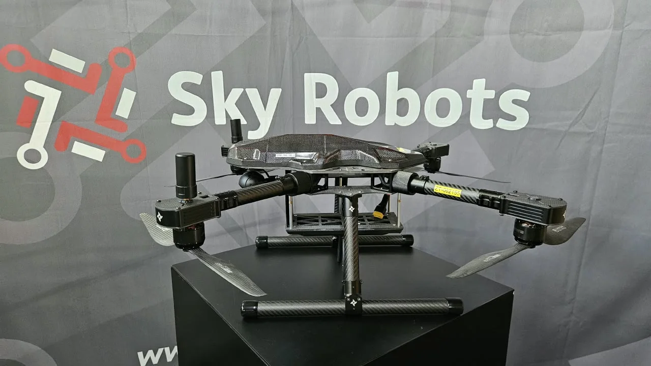 Front view of a Sky Robots multirotor aircraft on display